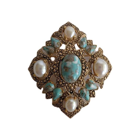 Sarah Coventry Faux Turquoise Cabochon Brooch Gold Tone Vintage 1968 Remembrance - Picture 1 of 5
